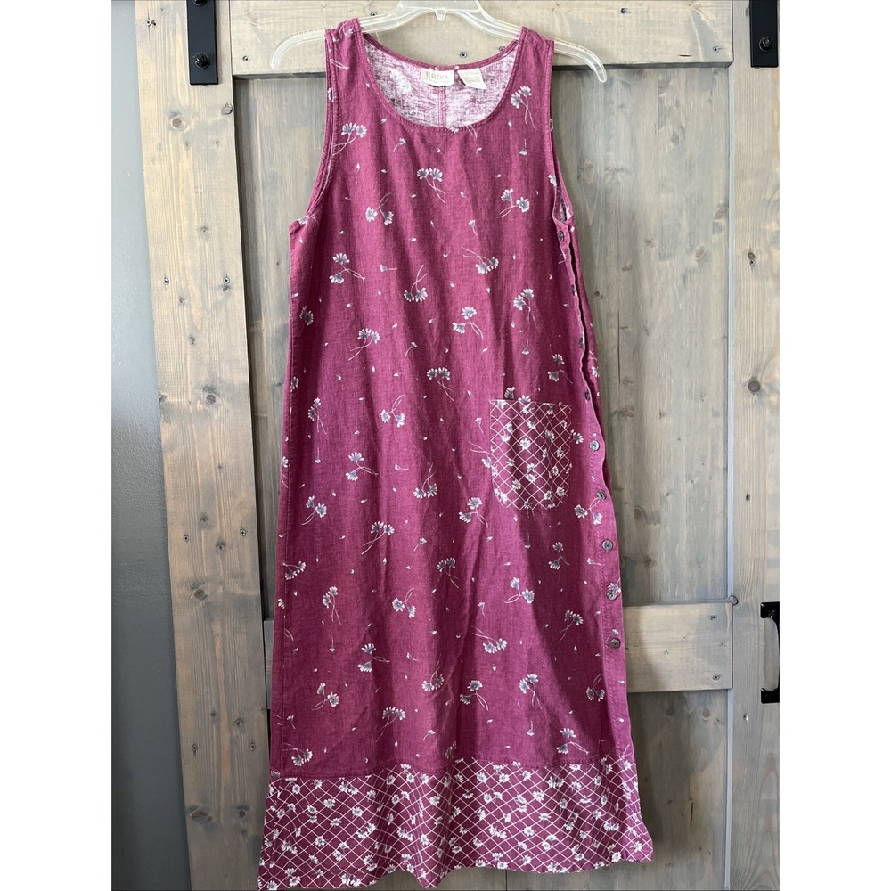 Vintage Erika Collection Linen Cotton Dress Size Medium Pink Floral Lagenlook